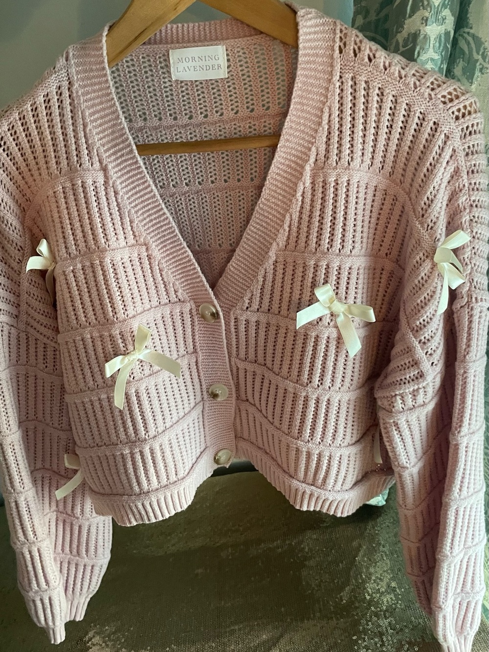 Adorable Rose Colored Cropped Knit Cardigan w/ Bows size S from Morning Lavender